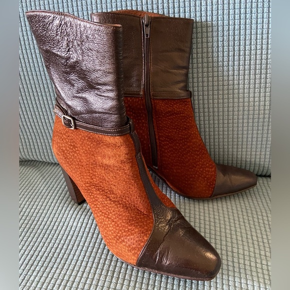 Suede & Leather Color block Stacked Heel Booties Brown Sz 8 $295 - Picture 3 of 15